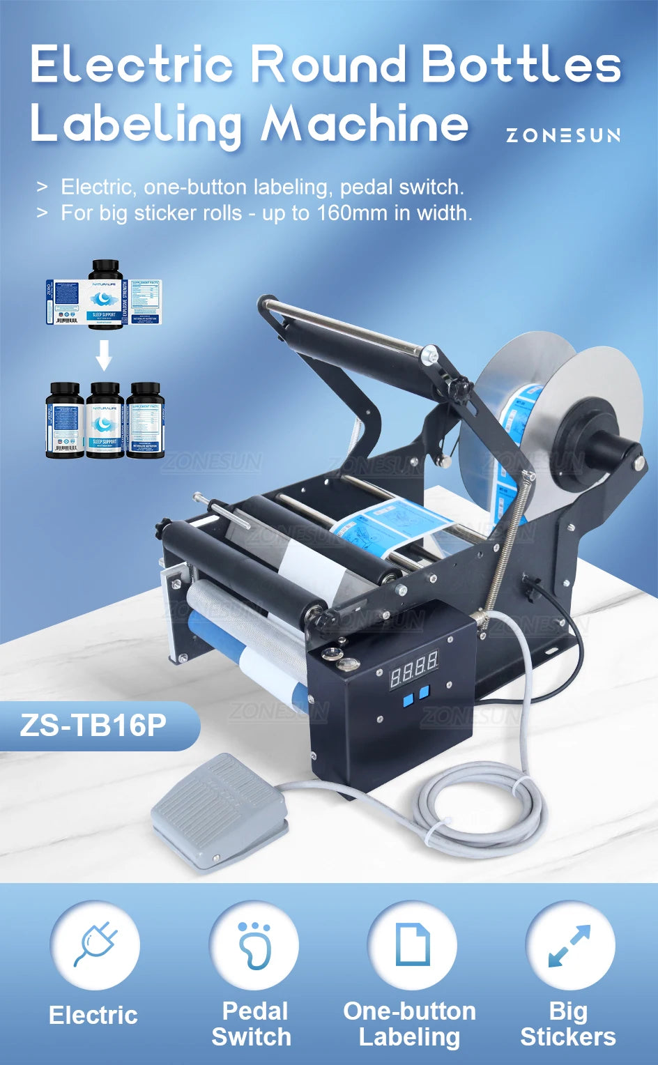 ZONESUN Semi Automatic Round Bottle Labeling Machine Stamp Dispenser Target Pasters Label Sticker Bottle Labeler ZS-TB16P