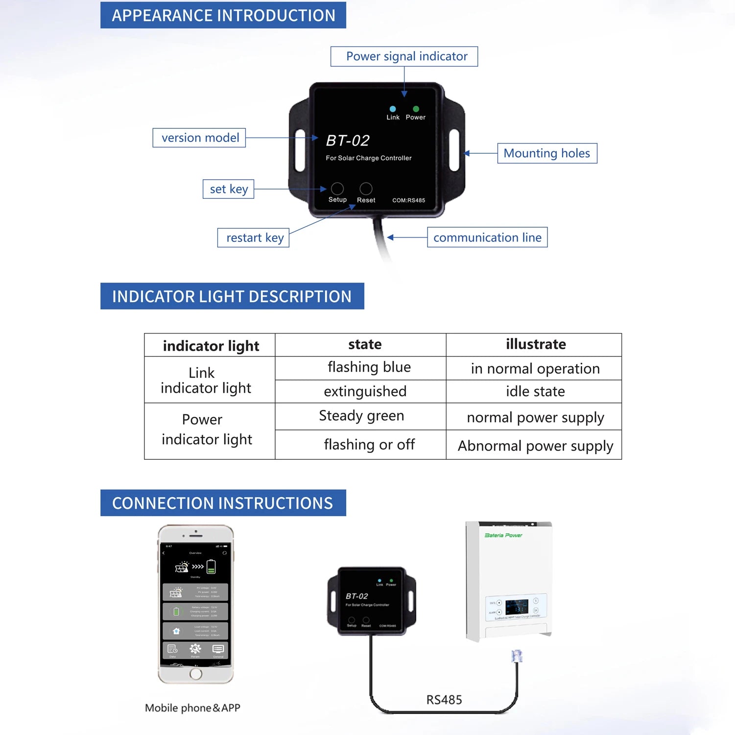 BT-2 Wireless Module,Realize Real-time Monitor & Parameter Setting via RJ45 Communication Port, Compatible with MPPT 60/80/100
