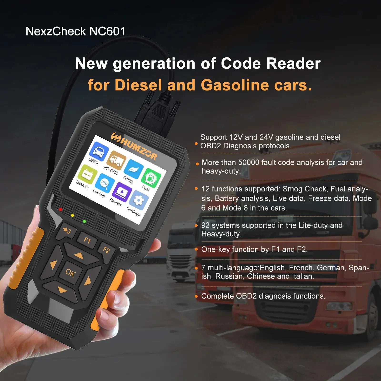HUMZOR NC601 12V-24V OBD2 ELM327 Scan Tool for Car & Truck Diagnostic Testing with 1 Year Warranty