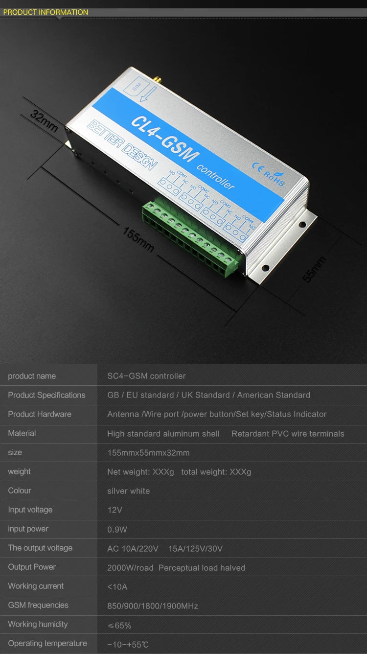 GSM Switch SMS controller 4 relays output GSM Garage Door CL8-GSM Great for control of home electrical devices