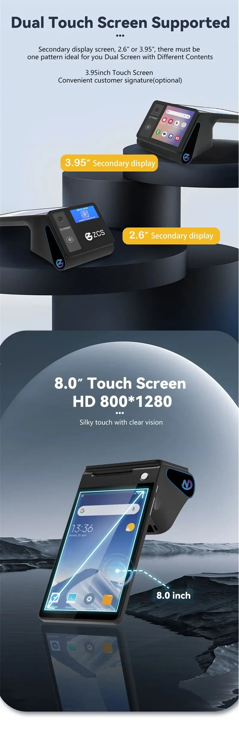 Z108 Android 14 Dual Screen POS Terminal Sales Point Cash Register with 8-inch Touch Screen NFC Scanner 58/80mm Thermal Printer