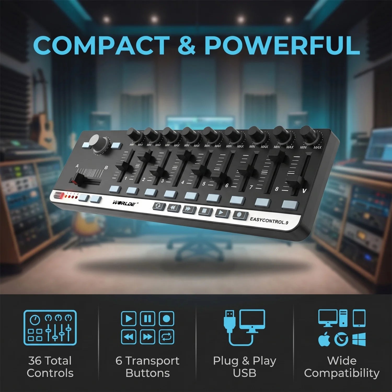 Worlde EasyControl.9 MIDI Controller – 9 Assignable Knobs/Sliders/Buttons, 6 Transport Controls, Plug & Play, No Driver Needed