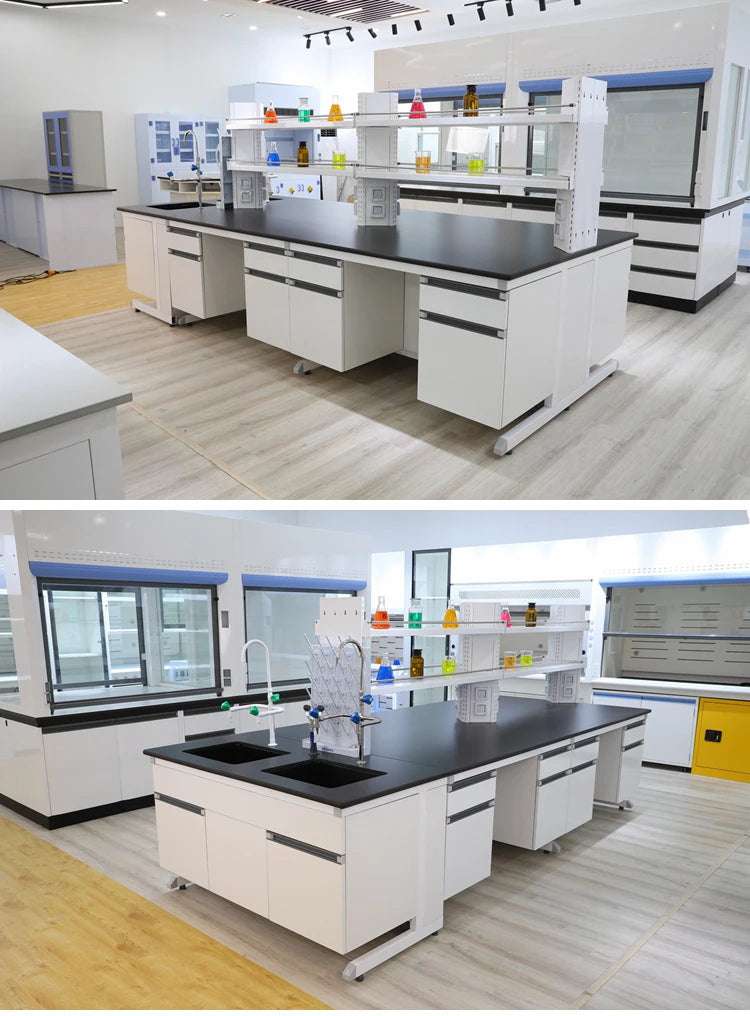Laboratory Furniture Biology Bench C-Frame Lab Island Table With Sink And Reagent Shelf