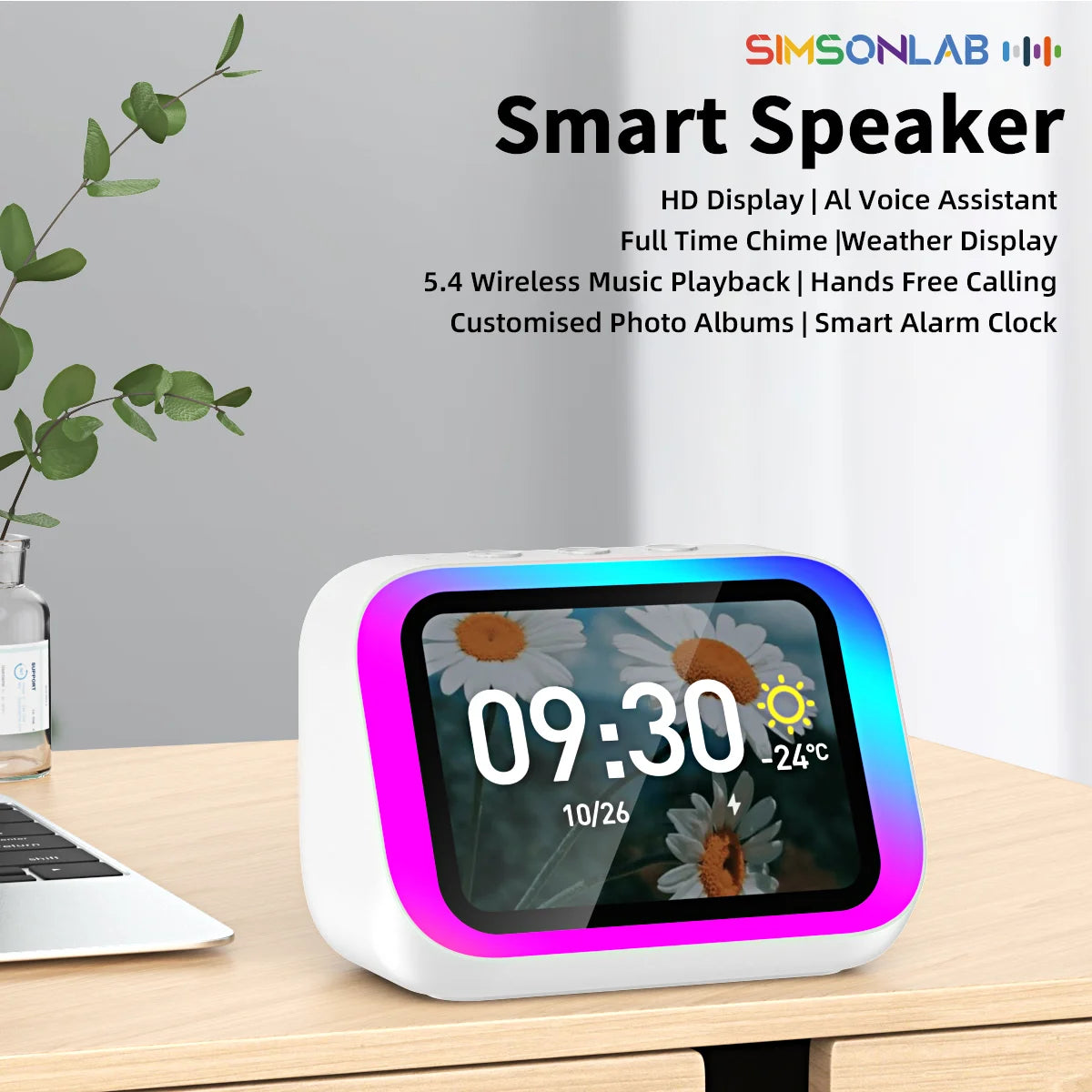Smart Speaker AI Home Assistant Audio Center HD Large Screen High-Power Speaker Electronic Photo Album 7-Color Lighting for Gift