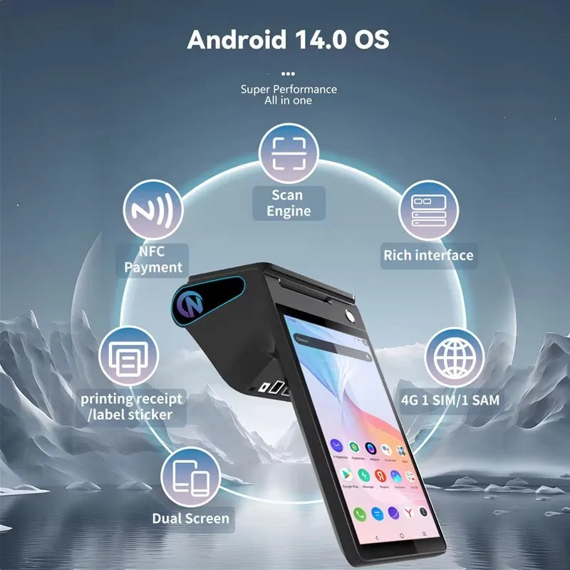 Z108 Android 14 Dual Screen POS Terminal Sales Point Cash Register with 8-inch Touch Screen NFC Scanner 58/80mm Thermal Printer