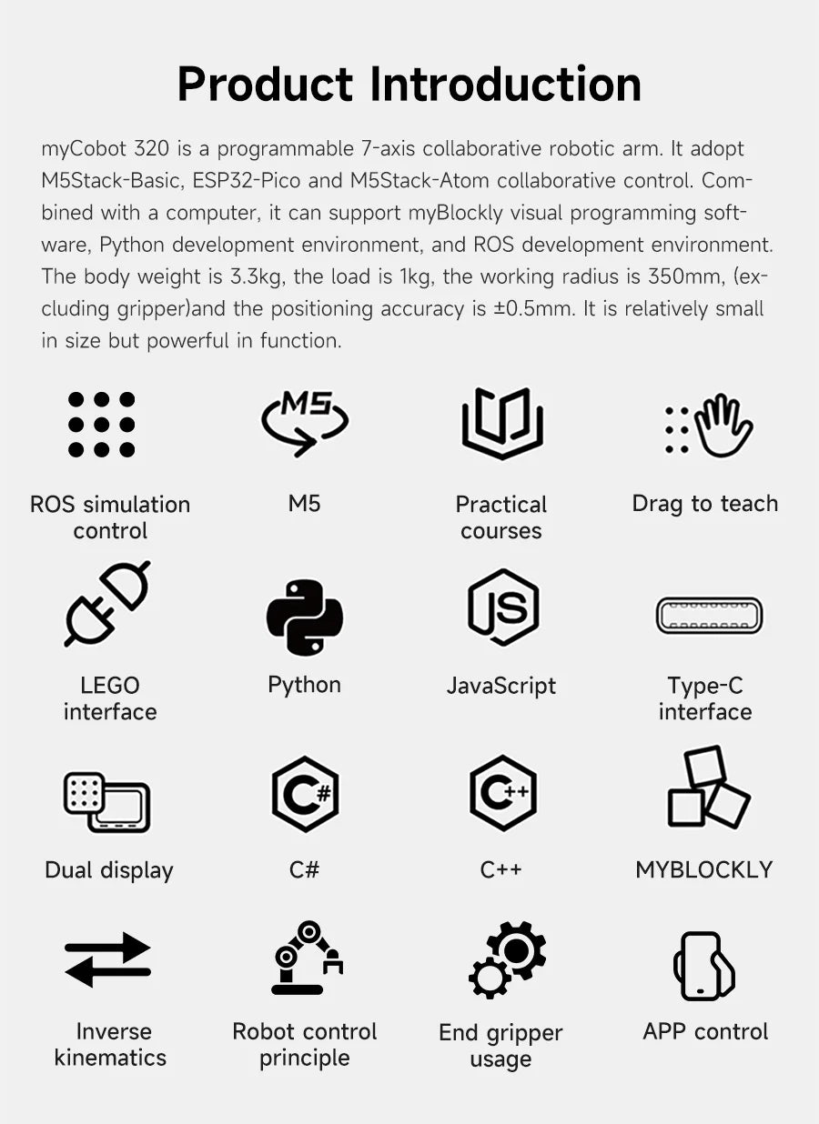 myCobot 320 M5 Robotic Arm 7DOF Collaborative Robot 1KG Load Support APP Control ROS2 Simulation Python C JavaScript Programming