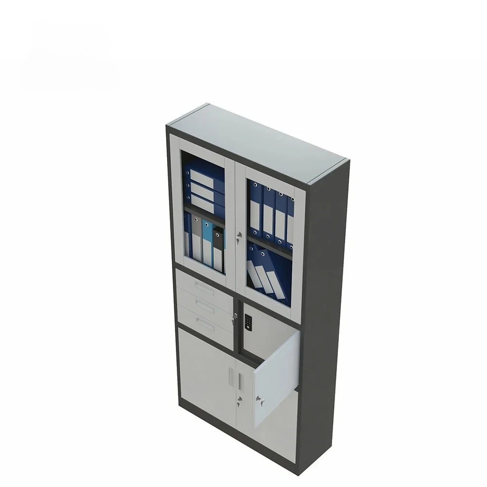 Modern office cabinet; all-steel filing cabinet with double glass doors; ideal for document storage in a home office