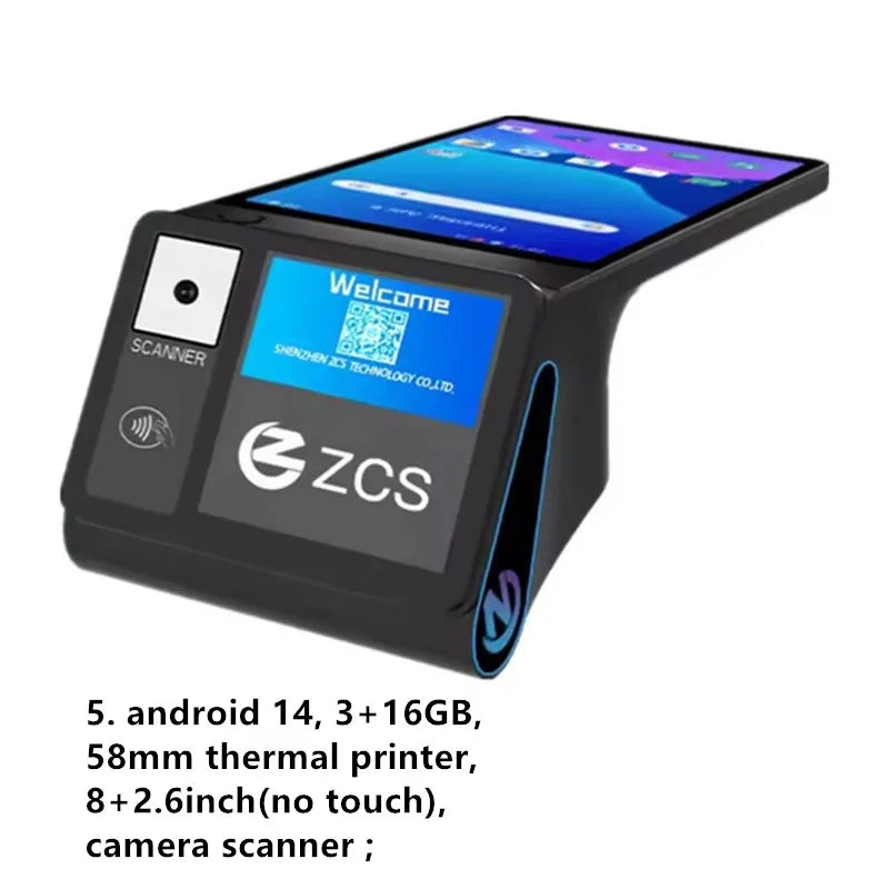 Z108 Android 14 Dual Screen POS Terminal Sales Point Cash Register with 8-inch Touch Screen NFC Scanner 58/80mm Thermal Printer