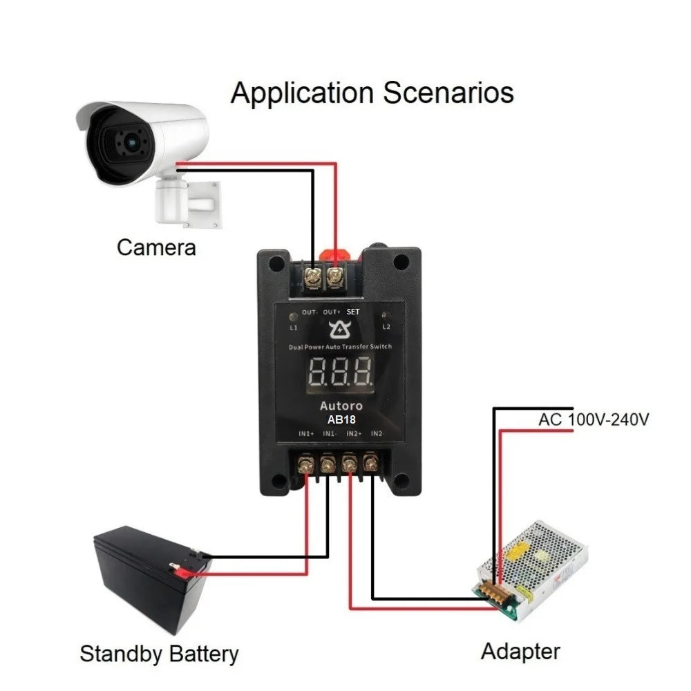 Autoro AB18 Automatic Transfer Switch ATS DC 12V-60V 18A Dual Power Switch with Digital Display - Uninterrupted Power Supply UPS