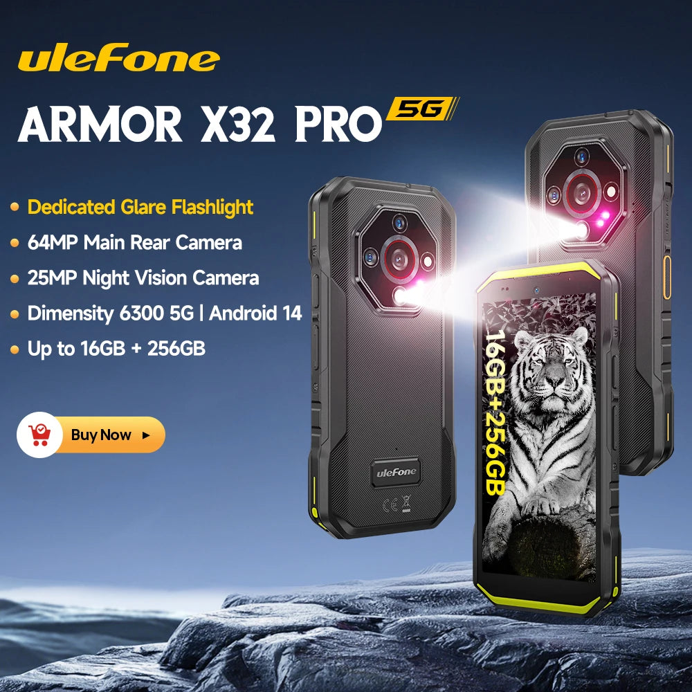 Ulefone Armor X32 Pro 5G Rugged Phone Android 14 16GB+256GB Dimensity 6300 Octa Core 64MP Camera NFC IP68/IP69K Waterproof