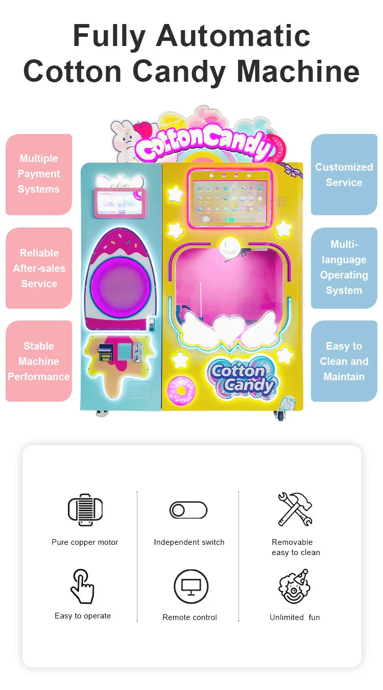 Customized Commercial Cotton Candy Vending Machine Full Automatic High Efficiency Mall Park Hot Selling Business Unit