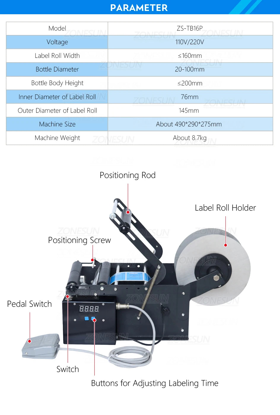 ZONESUN Semi Automatic Round Bottle Labeling Machine Stamp Dispenser Target Pasters Label Sticker Bottle Labeler ZS-TB16P