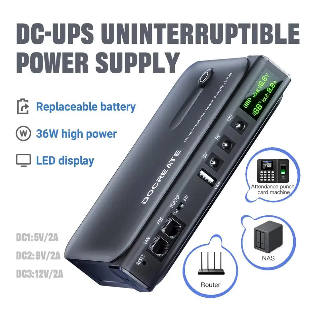 DC UPS Uninterruptible Power Supply System 5V-24V Output 4x18650 Replaceable Battery for Router NAS Modem and Security Monitor