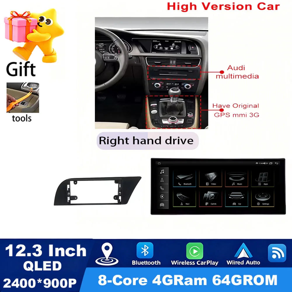 GPS RHD Android 16 Car Radio Multimedia Player for Audi A4 B8 A5 2009 - 2016 Wireless Carplay 4G DSP Stereo Ultra-thin Screen