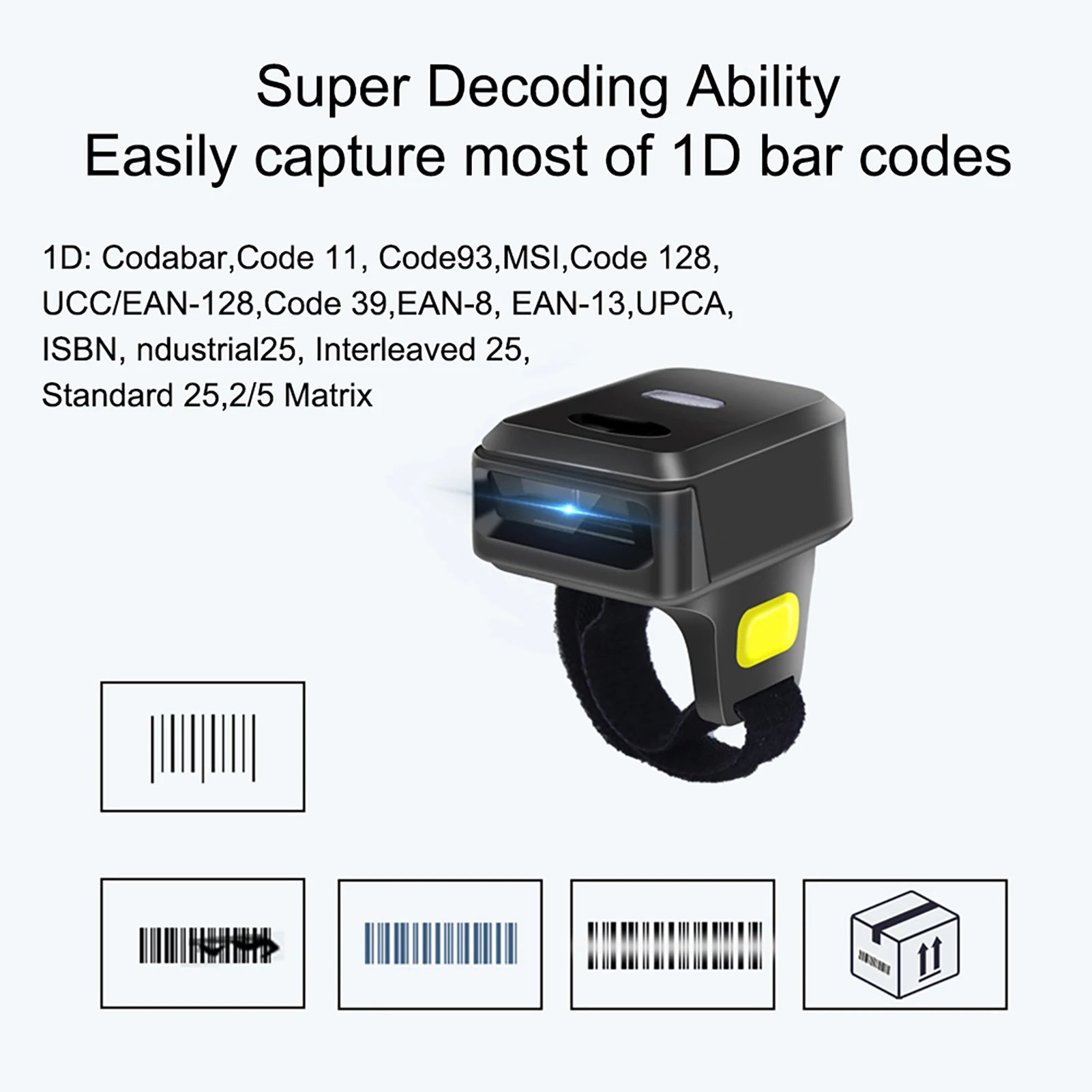 Barcode Scanner Portable Finger Handheld Wearable Ring Bar Reader BT+2.4G Wireless and Wired Connection with Offline Storage