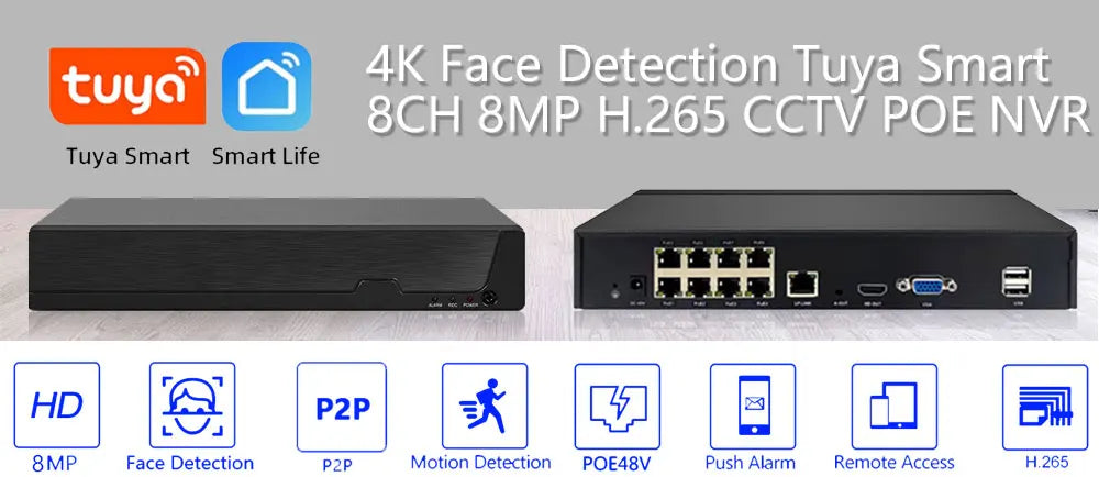 SMART LIFE 4K 8CH PoE NVR 8MP CCTV Security System Face Detection H.265+ Network Surveillance Audio Video Recorder NVR Tuya app