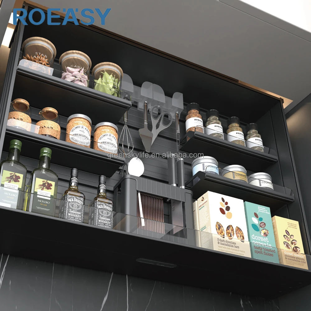 ROEASY Smart Cabinet No Touch Lift Basket Intelligent Smart Furniture Kitchen Cabinet Hardware Full Aluminium Kitchen Storage
