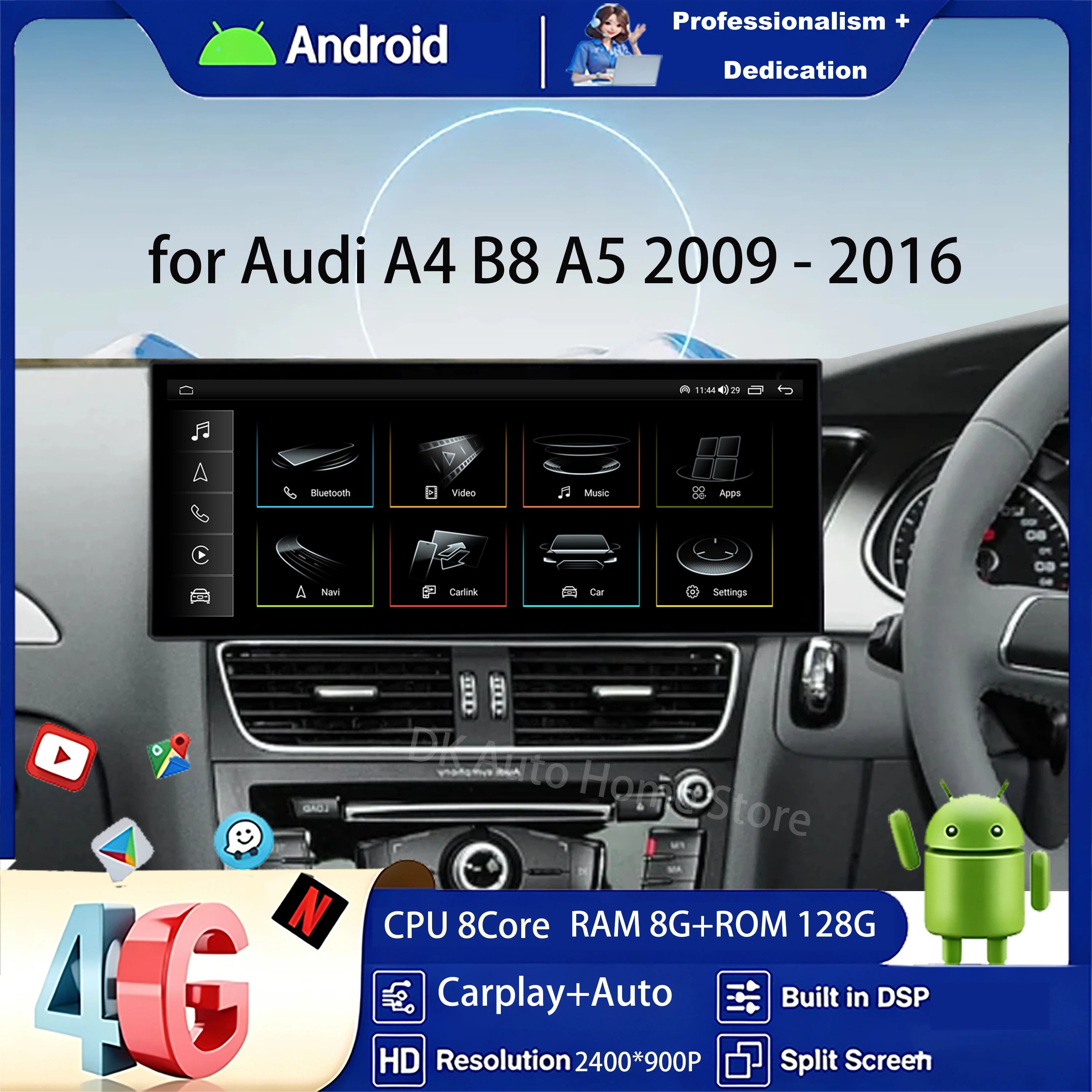 GPS RHD Android 16 Car Radio Multimedia Player for Audi A4 B8 A5 2009 - 2016 Wireless Carplay 4G DSP Stereo Ultra-thin Screen