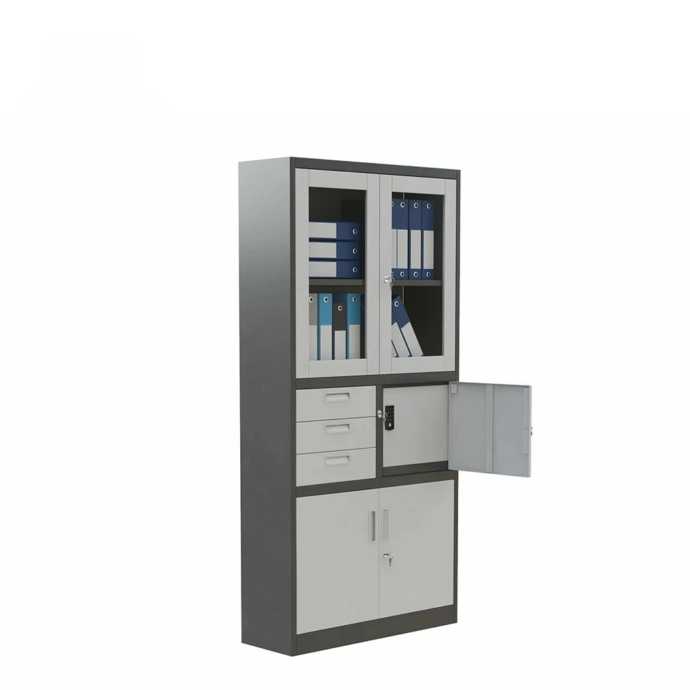 Modern office cabinet; all-steel filing cabinet with double glass doors; ideal for document storage in a home office