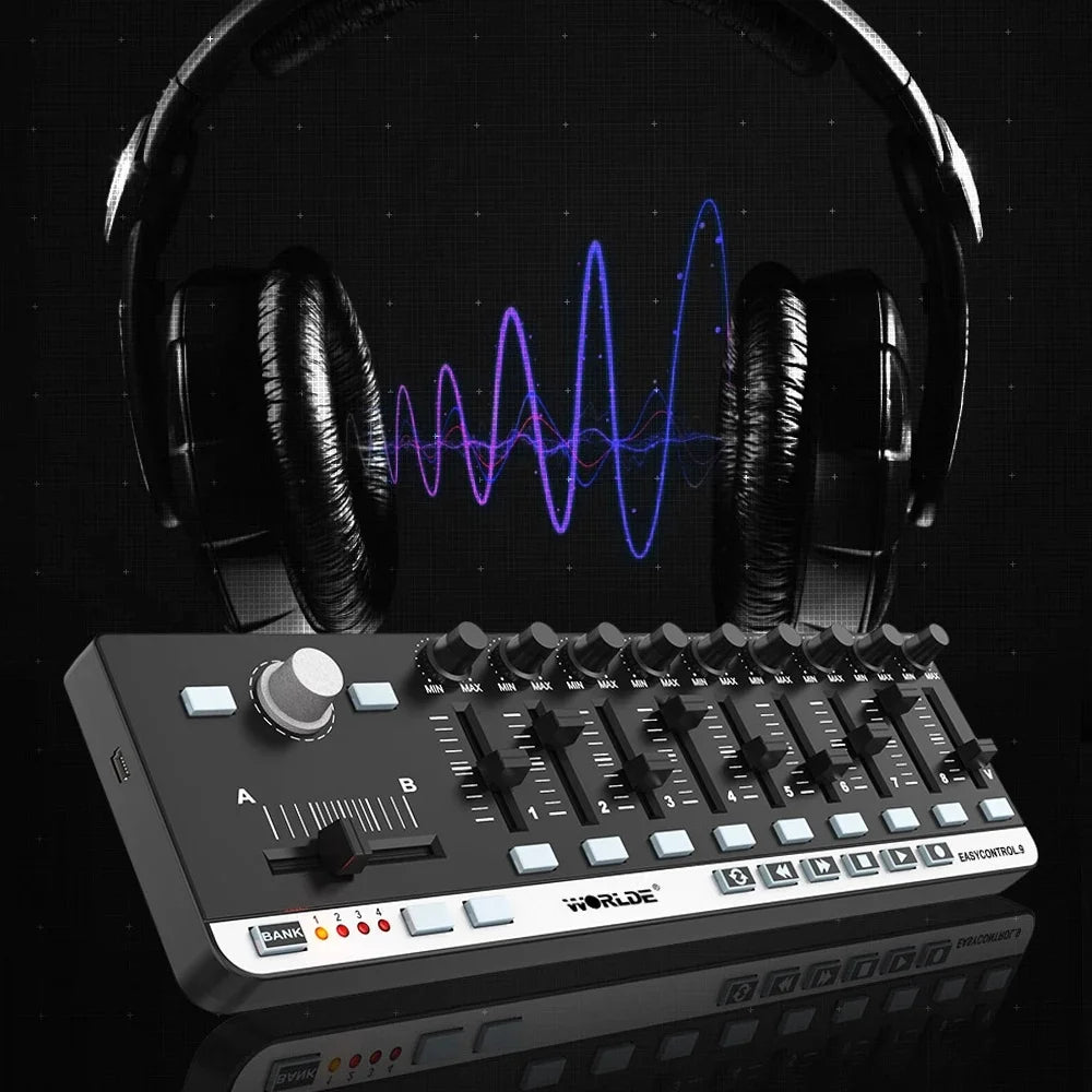 Worlde EasyControl.9 MIDI Controller – 9 Assignable Knobs/Sliders/Buttons, 6 Transport Controls, Plug & Play, No Driver Needed