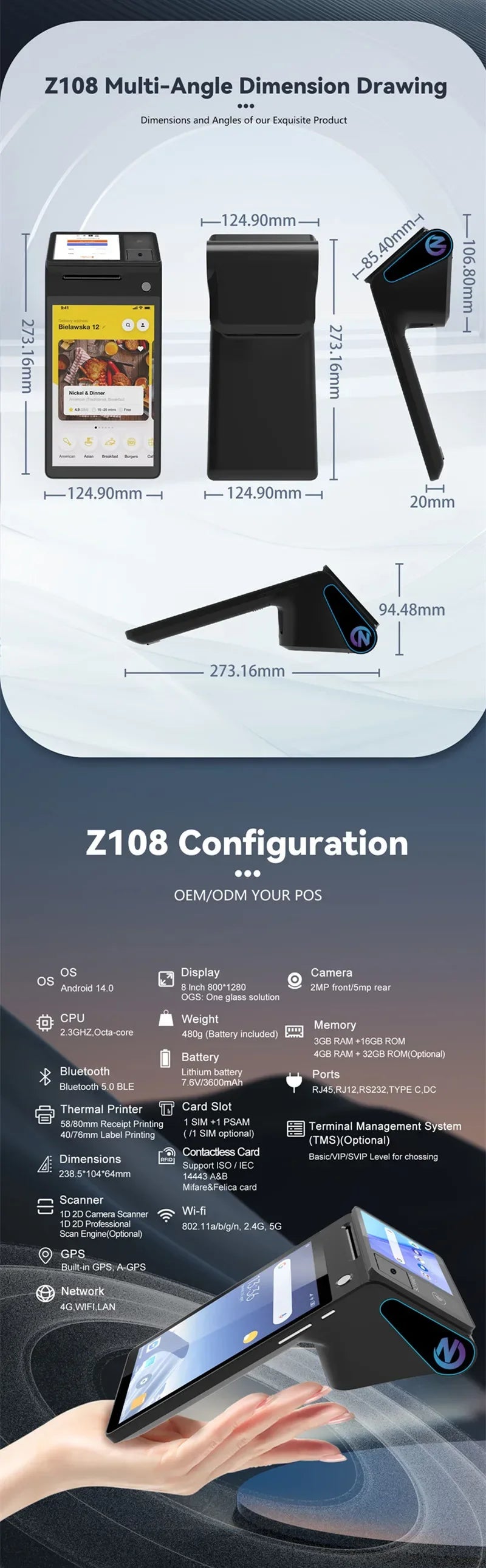 Z108 Android 14 Dual Screen POS Terminal Sales Point Cash Register with 8-inch Touch Screen NFC Scanner 58/80mm Thermal Printer