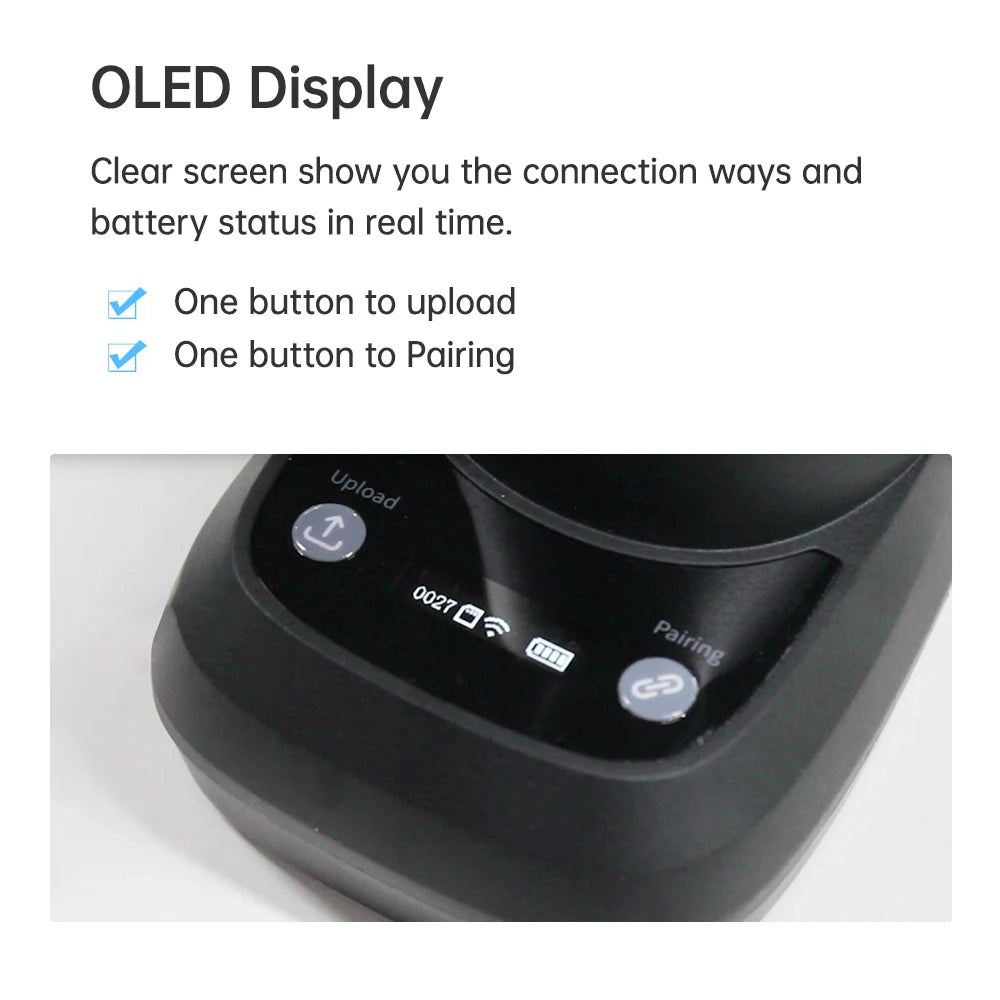 【New】Wireless 2D 1D Barcode Scanner BT+2.4G+USB Wired High Speed Scanning with Pedestal Wireless Charging Stand and OLED Display