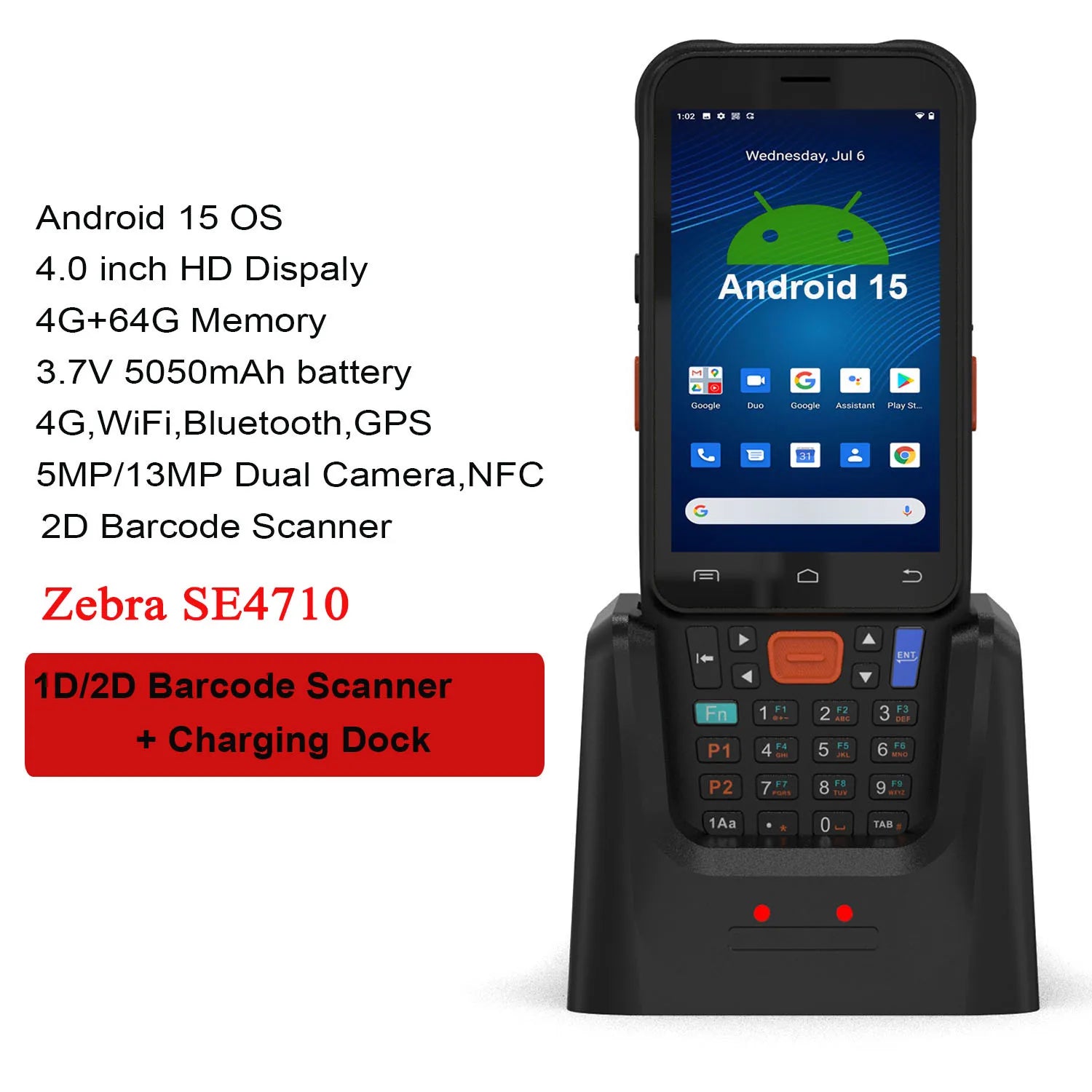 Android 15 2D Barcode Scanner MTK6769 5050mAh Battery Handheld Scanner 4GB+64GB Rugged PDA Handheld Computer 4G