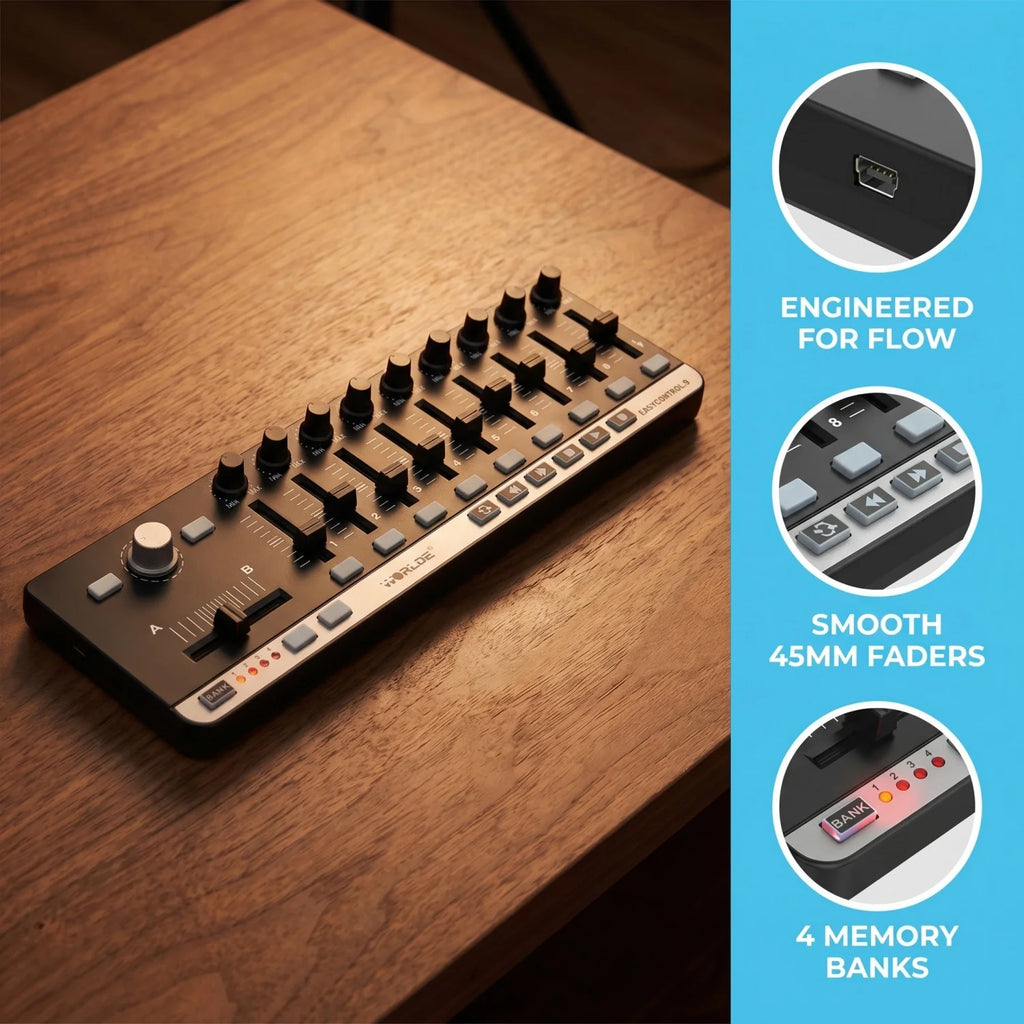 Worlde EasyControl.9 MIDI Controller – 9 Assignable Knobs/Sliders/Buttons, 6 Transport Controls, Plug & Play, No Driver Needed