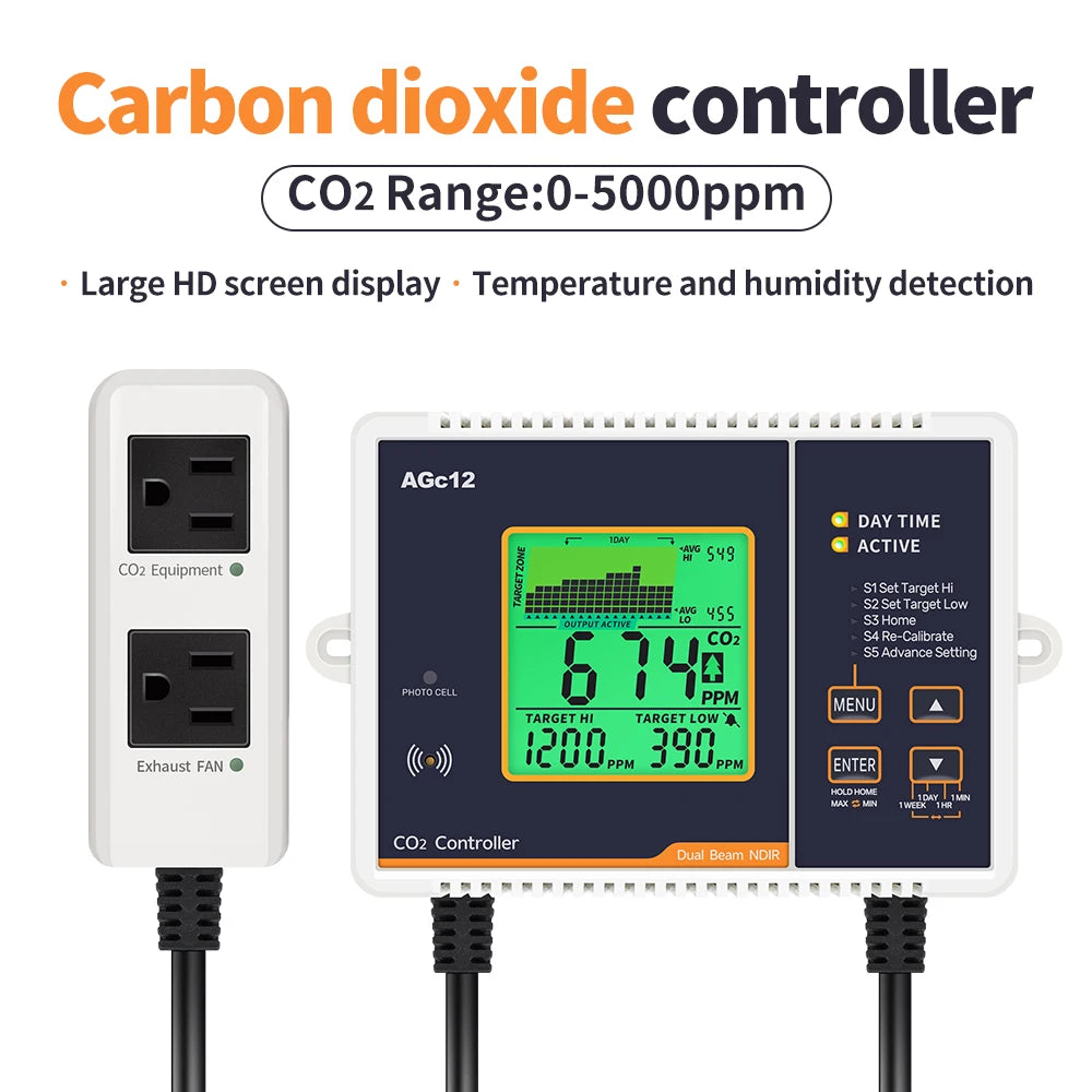 AGc12 CO2 Carbon Dioxide Controller Dual Channel Automatic Greenhouse Plants CO2 Concentration Control Pressure Regulator US EU