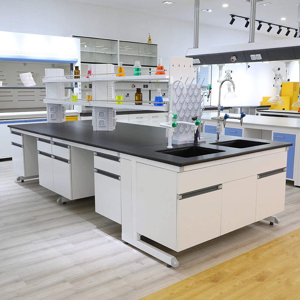 Laboratory Furniture Biology Bench C-Frame Lab Island Table With Sink And Reagent Shelf