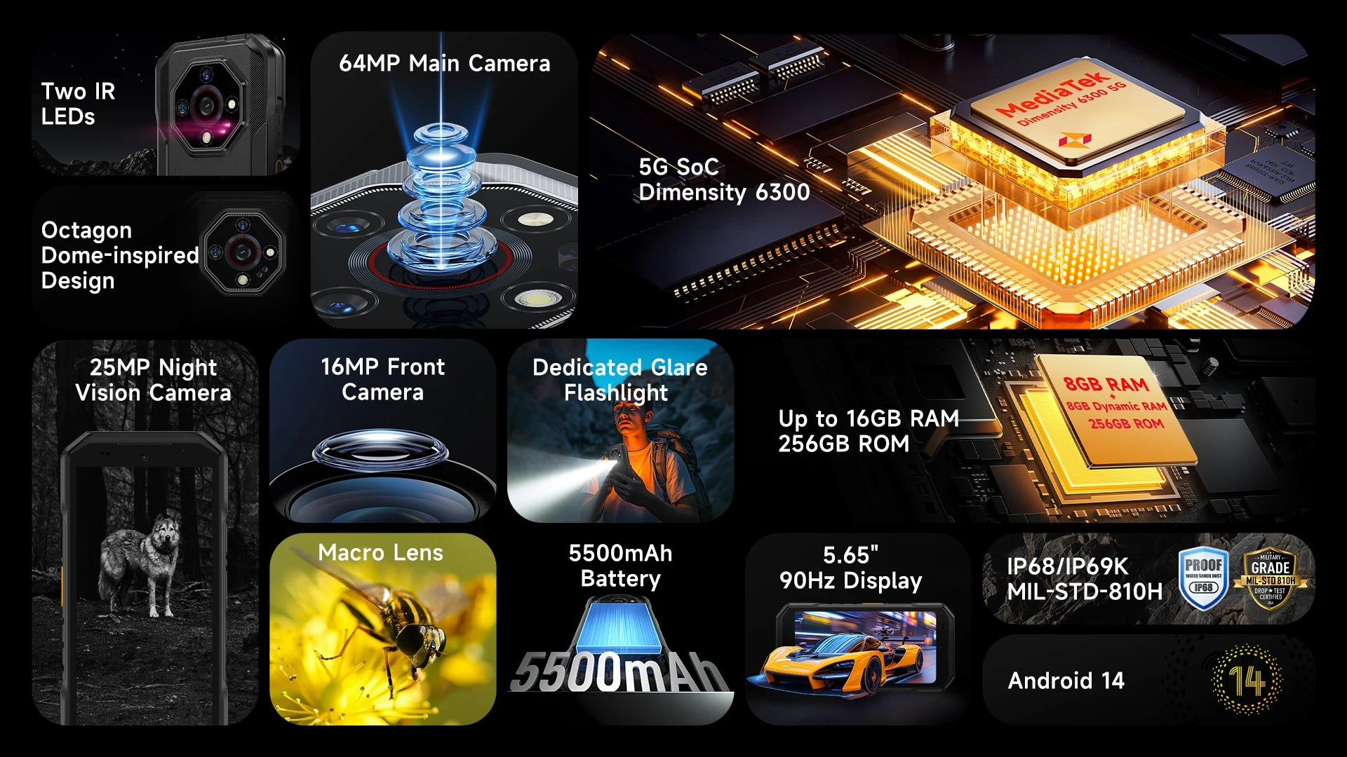 Ulefone Armor X32 Pro 5G Rugged Phone Android 14 16GB+256GB Dimensity 6300 Octa Core 64MP Camera NFC IP68/IP69K Waterproof