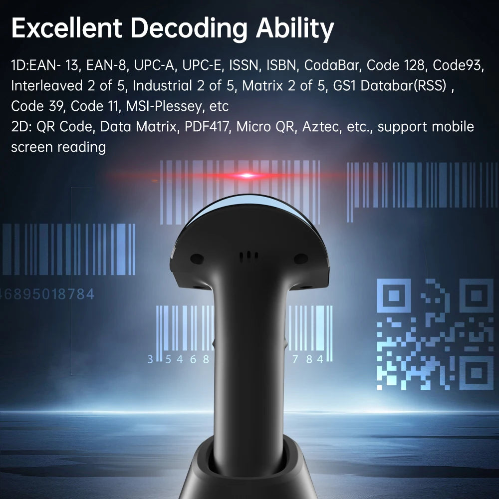 【New】Wireless 2D 1D Barcode Scanner BT+2.4G+USB Wired High Speed Scanning with Pedestal Wireless Charging Stand and OLED Display