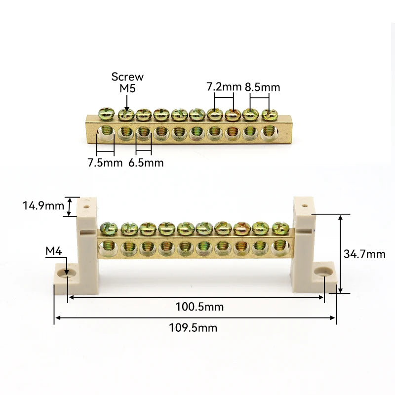 DIN Rail Terminal Block High Bridge Type Ground Bar 5/7/10/12 Holes Electrical Connector Distribution Box Neutral Terminal