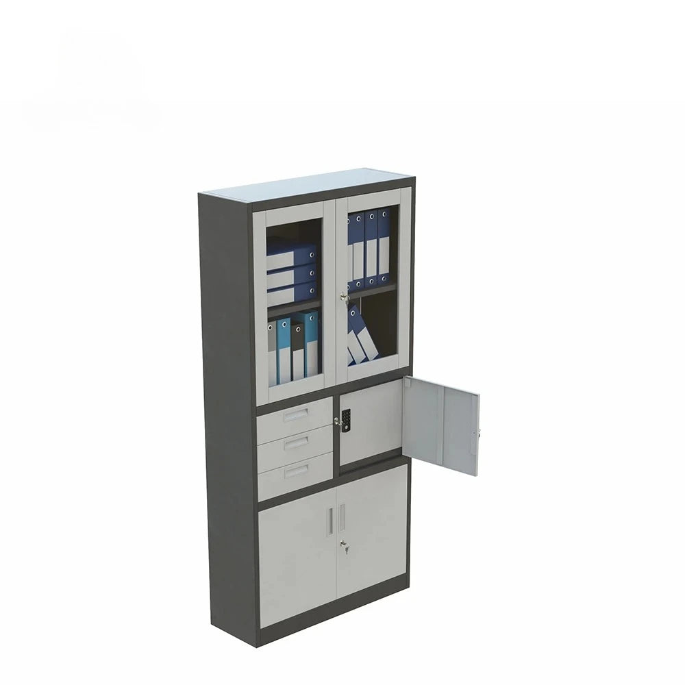 Modern office cabinet; all-steel filing cabinet with double glass doors; ideal for document storage in a home office