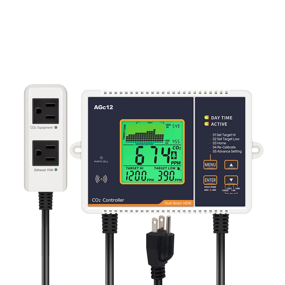 AGc12 CO2 Carbon Dioxide Controller Dual Channel Automatic Greenhouse Plants CO2 Concentration Control Pressure Regulator US EU