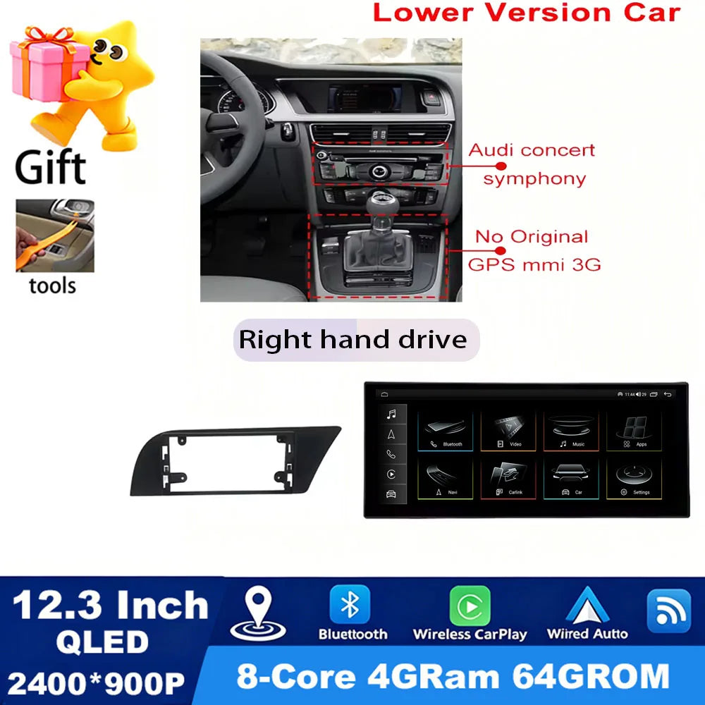 GPS RHD Android 16 Car Radio Multimedia Player for Audi A4 B8 A5 2009 - 2016 Wireless Carplay 4G DSP Stereo Ultra-thin Screen