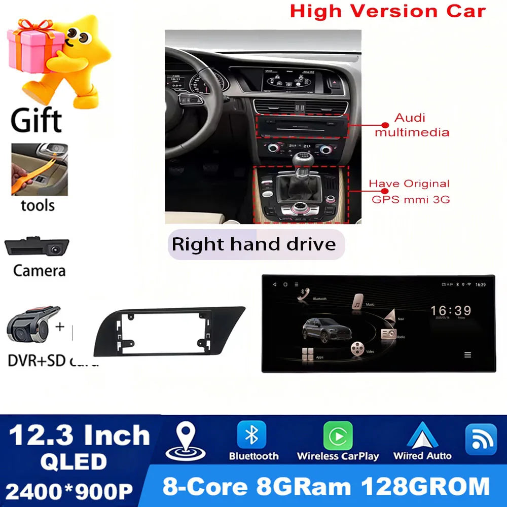 GPS RHD Android 16 Car Radio Multimedia Player for Audi A4 B8 A5 2009 - 2016 Wireless Carplay 4G DSP Stereo Ultra-thin Screen