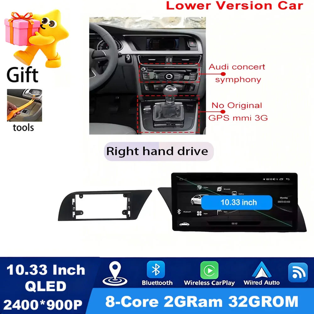 GPS RHD Android 16 Car Radio Multimedia Player for Audi A4 B8 A5 2009 - 2016 Wireless Carplay 4G DSP Stereo Ultra-thin Screen