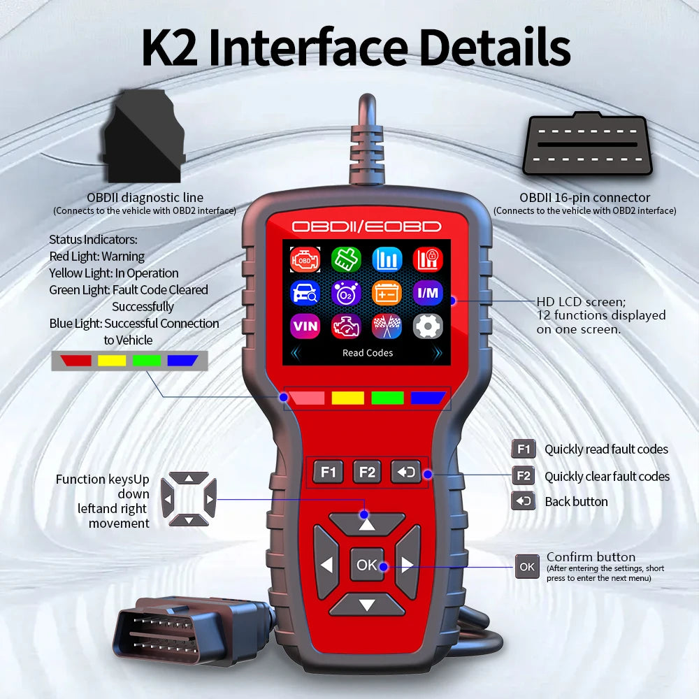 OBD2 Scanner - Handheld Vehicle Inspection and Fault Diagnostic Tester with Live Data, Battery Test