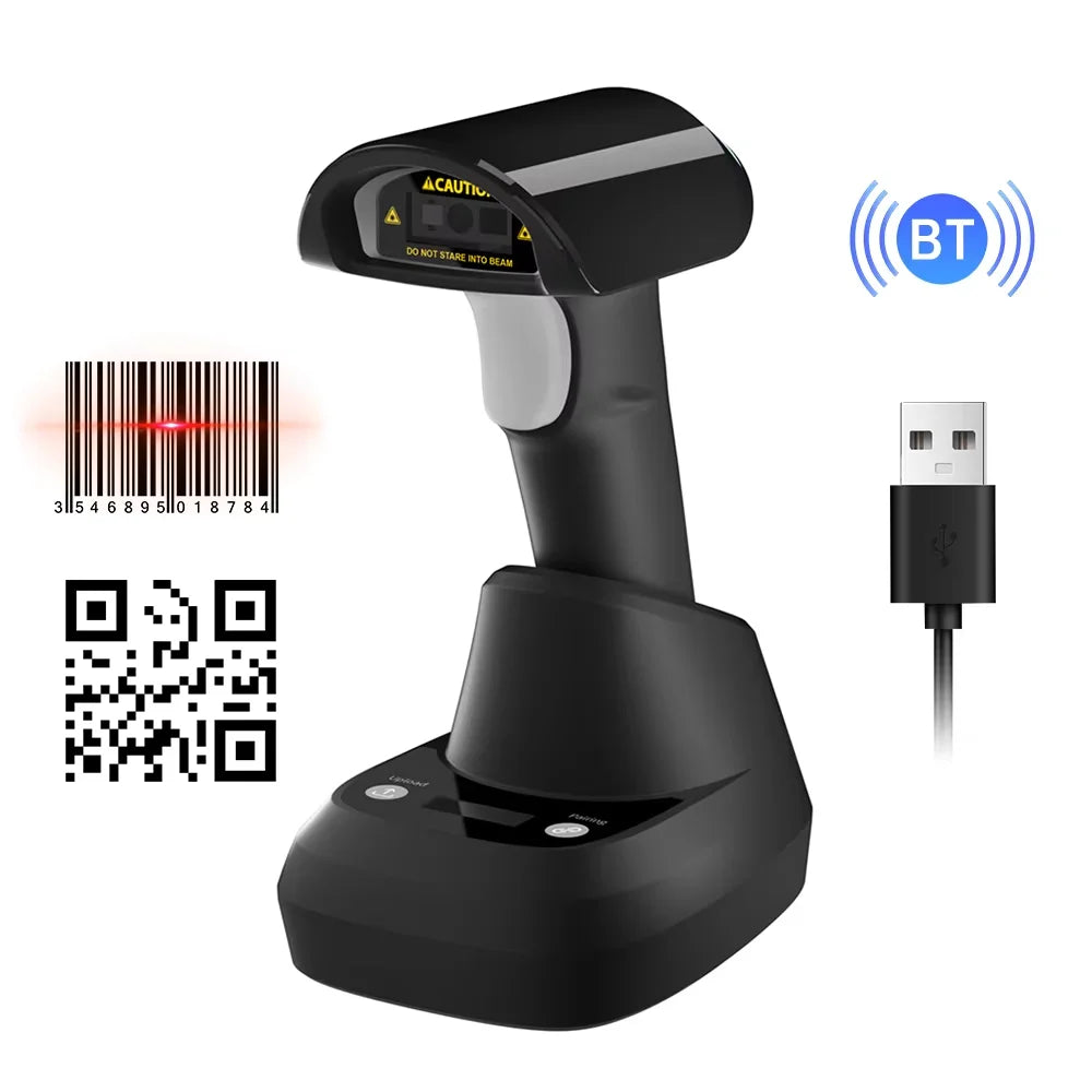 【New】Wireless 2D 1D Barcode Scanner BT+2.4G+USB Wired High Speed Scanning with Pedestal Wireless Charging Stand and OLED Display
