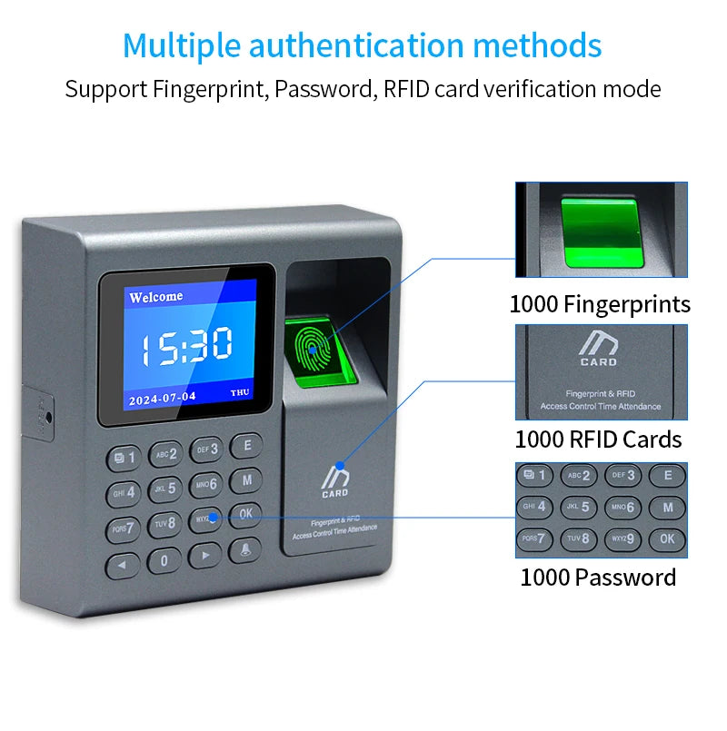 Biometric Fingerprint Scanner RFID Access Control System 1000 User USB Time Recorder Attendance Employee Machine
