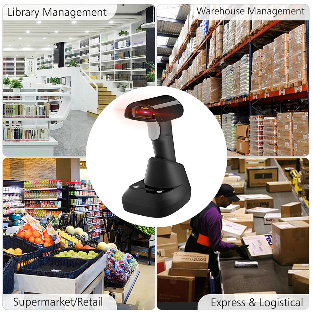 【New】Wireless 2D 1D Barcode Scanner BT+2.4G+USB Wired High Speed Scanning with Pedestal Wireless Charging Stand and OLED Display