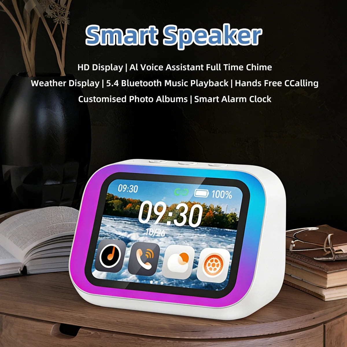 Smart Speaker AI Home Assistant Audio Center HD Large Screen High-Power Speaker Electronic Photo Album 7-Color Lighting for Gift