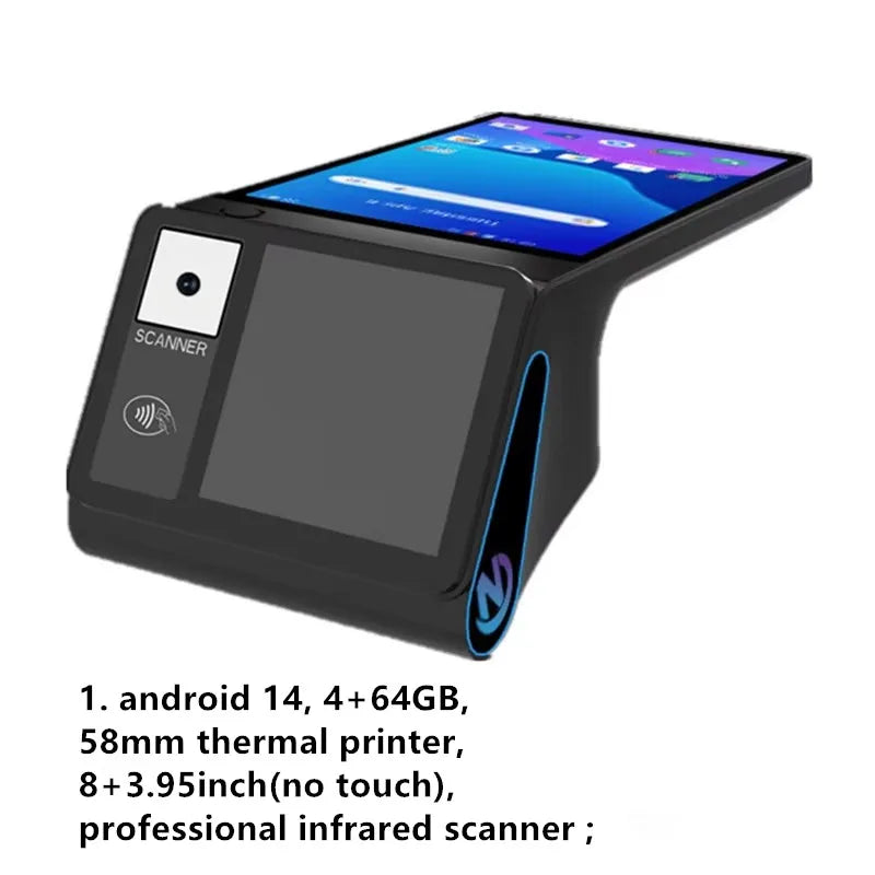 Z108 Android 14 Dual Screen POS Terminal Sales Point Cash Register with 8-inch Touch Screen NFC Scanner 58/80mm Thermal Printer