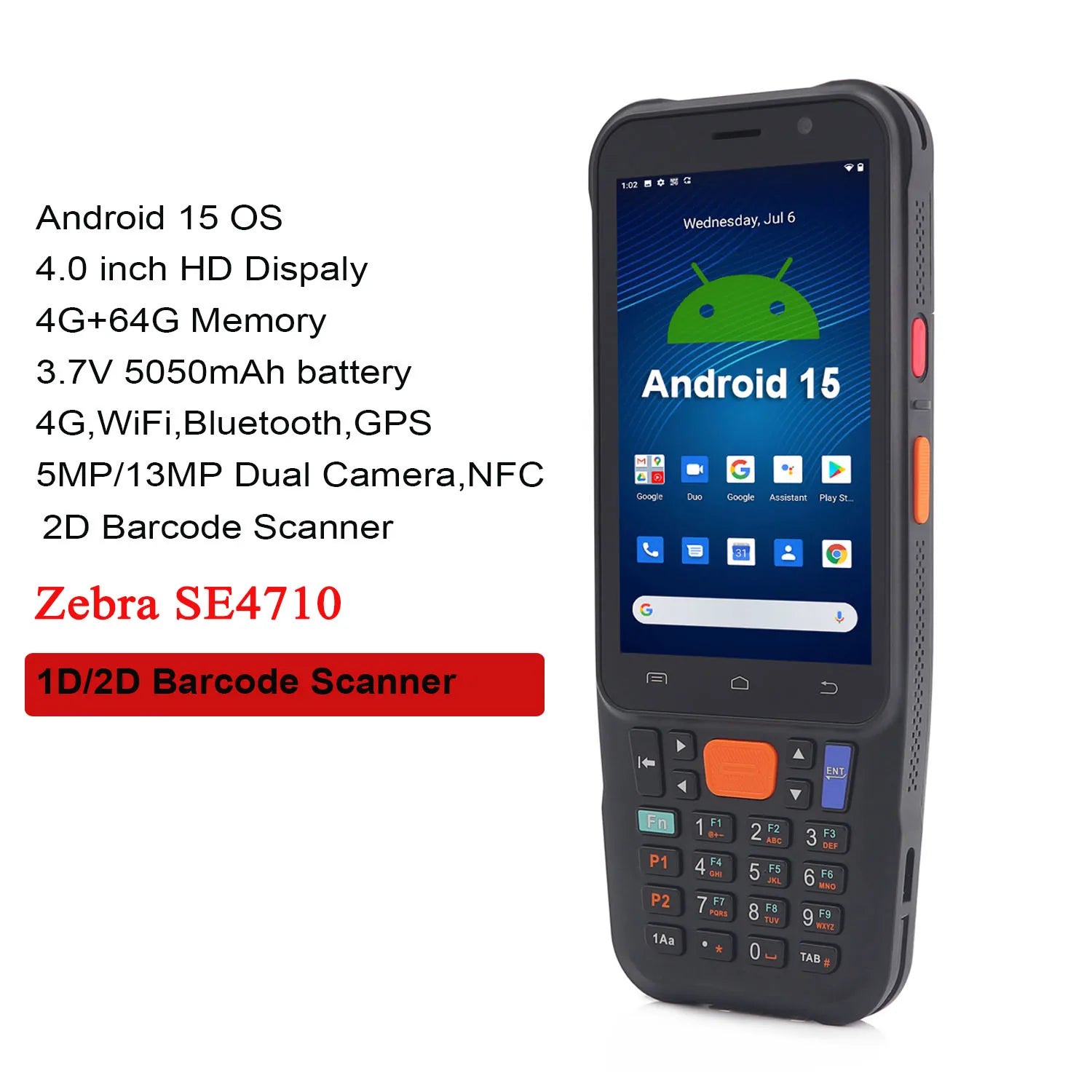 Android 15 2D Barcode Scanner MTK6769 5050mAh Battery Handheld Scanner 4GB+64GB Rugged PDA Handheld Computer 4G