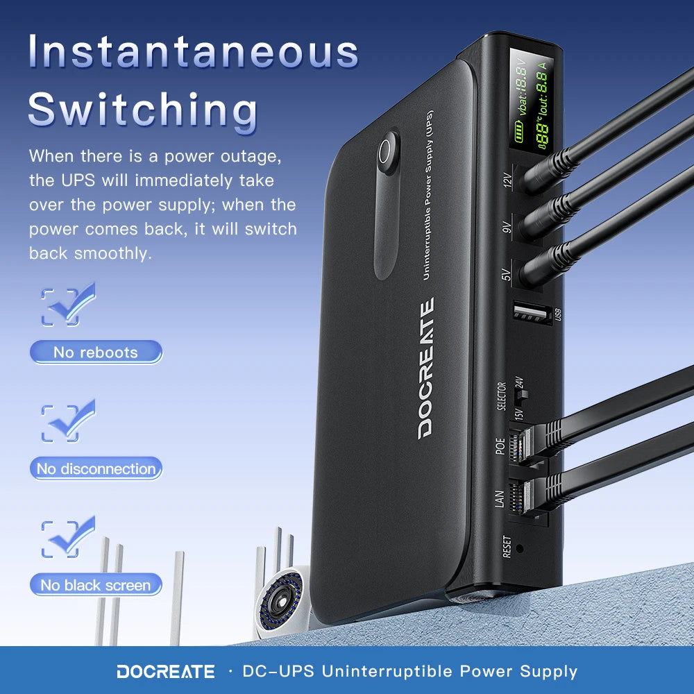 DC UPS Uninterruptible Power Supply System 5V-24V Output 4x18650 Replaceable Battery for Router NAS Modem and Security Monitor