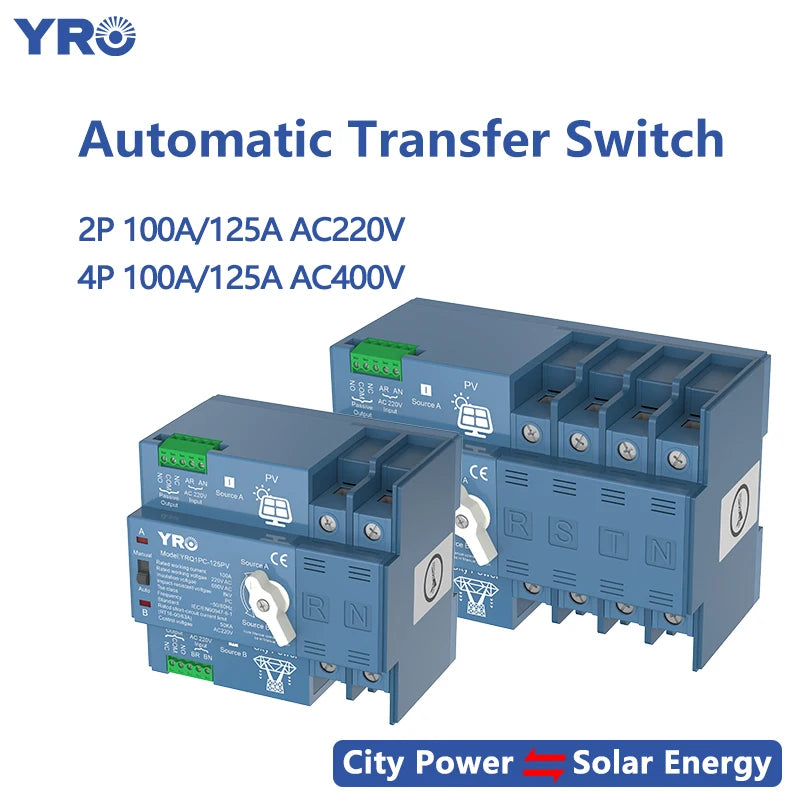 ATS 2P 4P 100A 125A 220V 400V Dual Power Automatic Transfer Switch For Generator or PV Energy To City power Changeover Switch