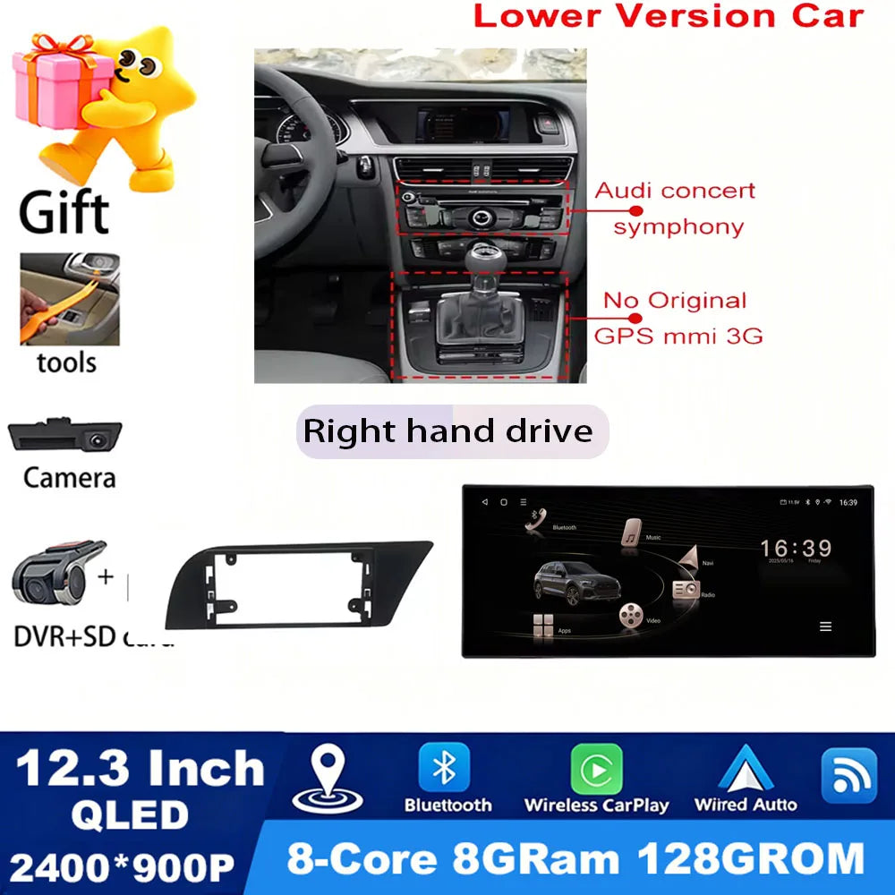 GPS RHD Android 16 Car Radio Multimedia Player for Audi A4 B8 A5 2009 - 2016 Wireless Carplay 4G DSP Stereo Ultra-thin Screen