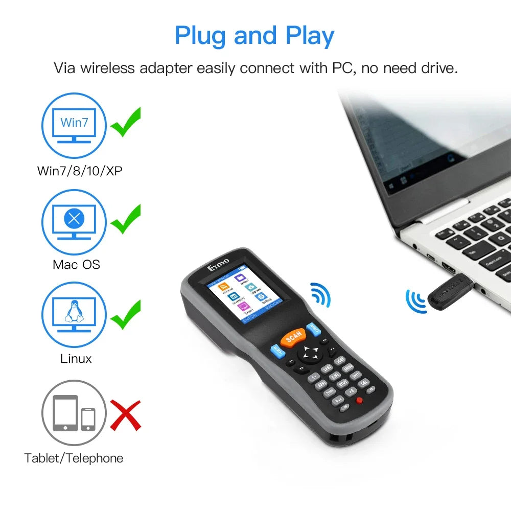 Eyoyo PDT6000 1D Barcode Scanner | 2.2" TFT Screen & 120m Wireless Range | Data Collector & Inventory Counter with USB Receiver