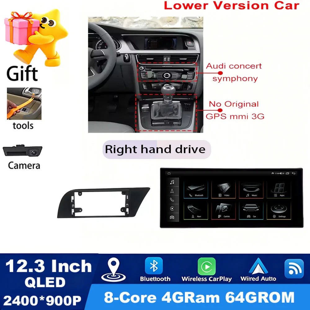 GPS RHD Android 16 Car Radio Multimedia Player for Audi A4 B8 A5 2009 - 2016 Wireless Carplay 4G DSP Stereo Ultra-thin Screen